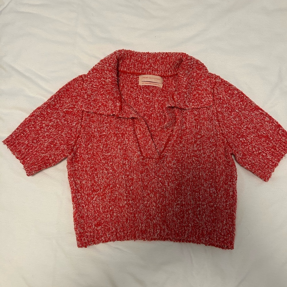 Red Knit Collared Cropped Sweater